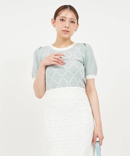 配色ビジューパフスリーブニットトップス 詳細画像