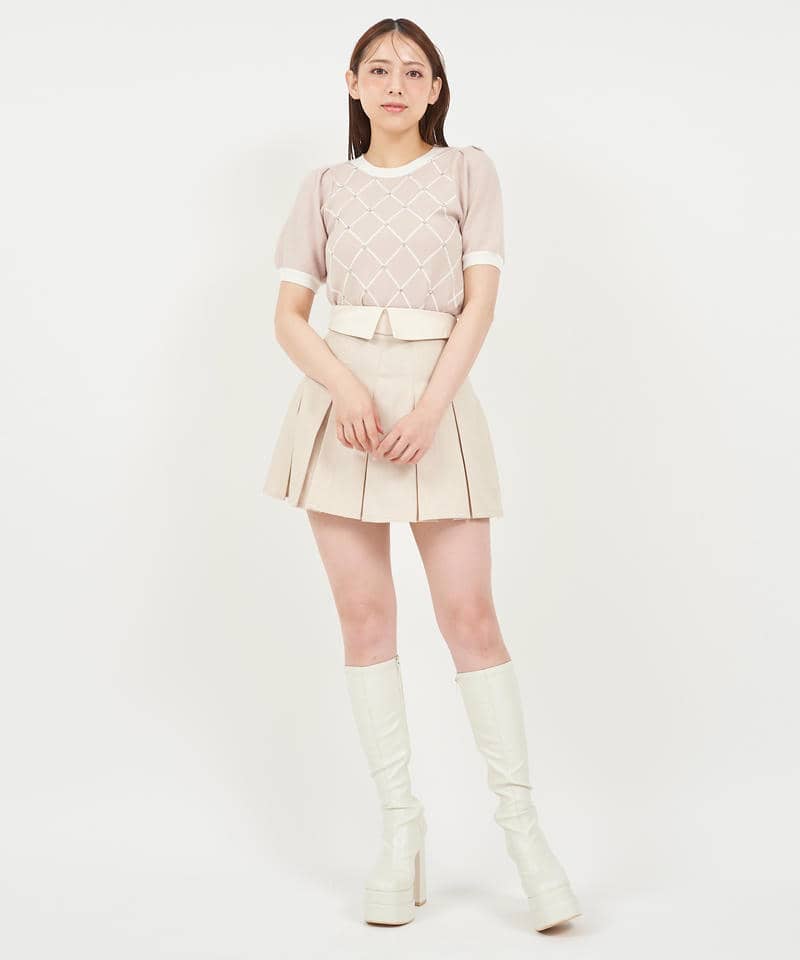 配色ビジューパフスリーブニットトップス 詳細画像 ピンク 2