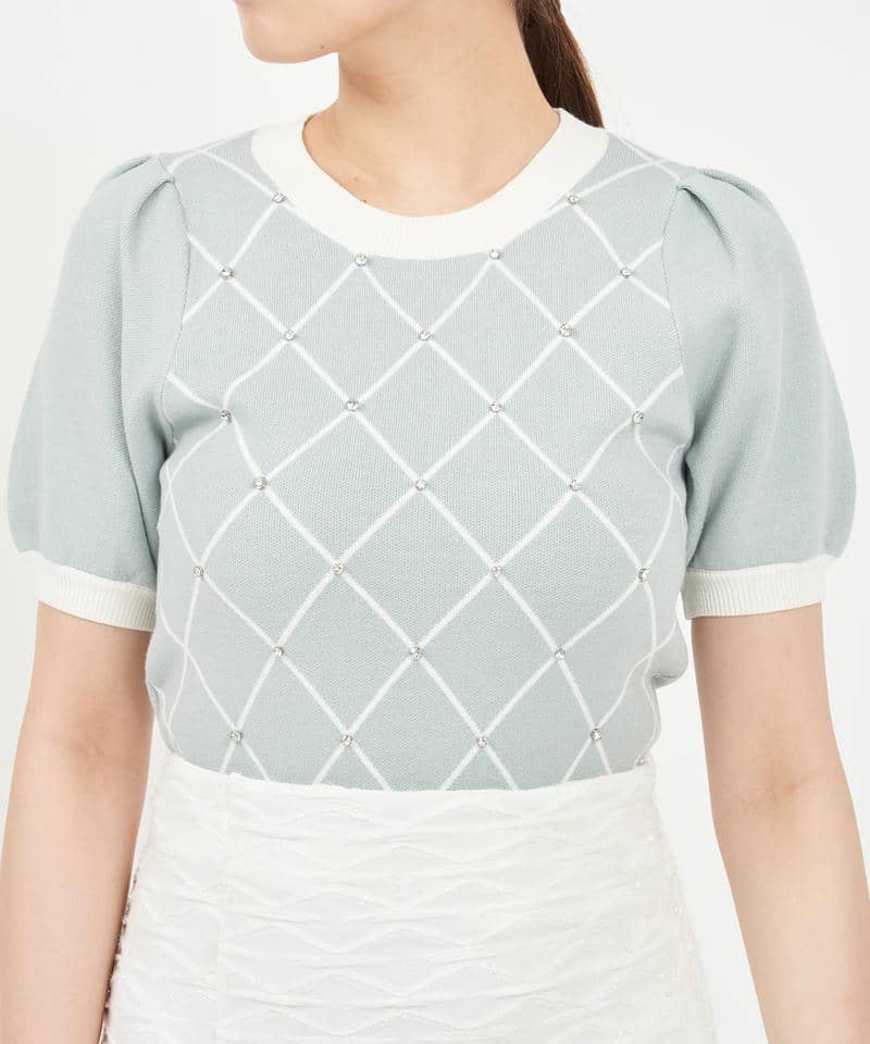 配色ビジューパフスリーブニットトップス 詳細画像 ブルー 4