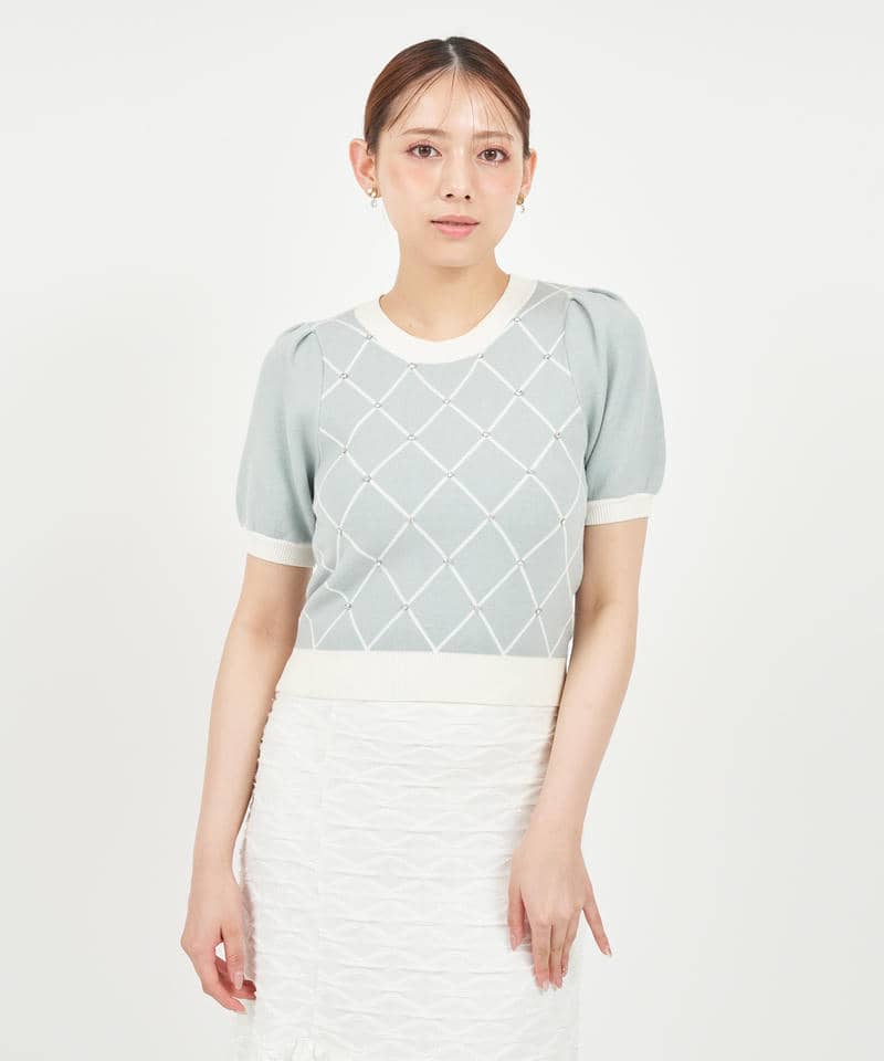 配色ビジューパフスリーブニットトップス 詳細画像 ブルー 7