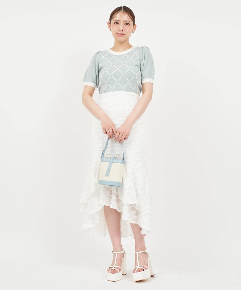 配色ビジューパフスリーブニットトップス 詳細画像 ブルー 8