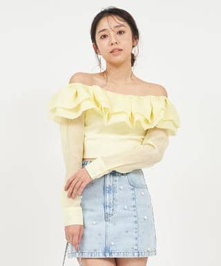 ラッフルオフショルシャツブラウス