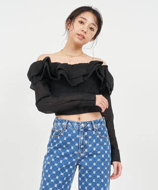 ラッフルオフショルシャツブラウス