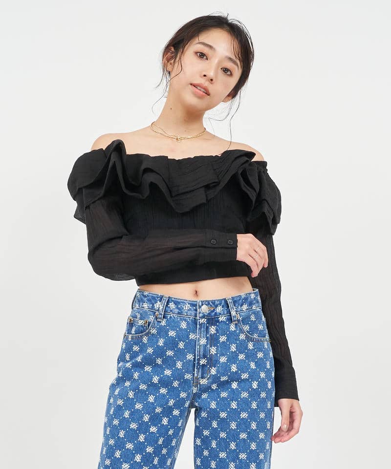 ラッフルオフショルシャツブラウス 詳細画像 ブラック 1