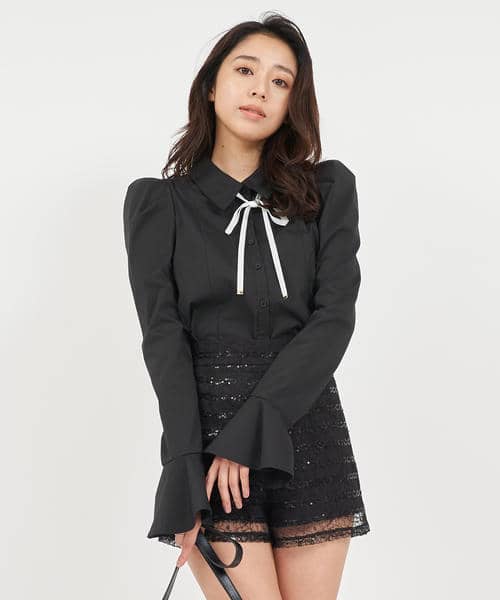 リボンタイ付タイトシャツ 詳細画像