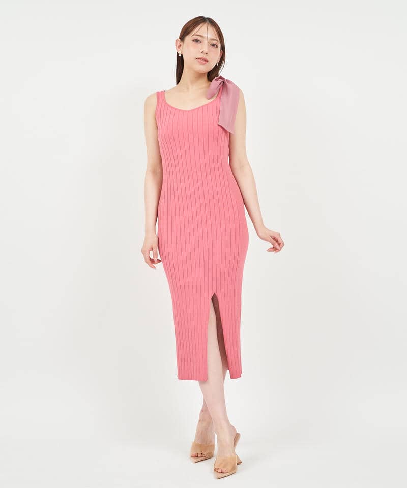 ショルダーリボンダイヤネックタイトワンピース 詳細画像 ピンク 1