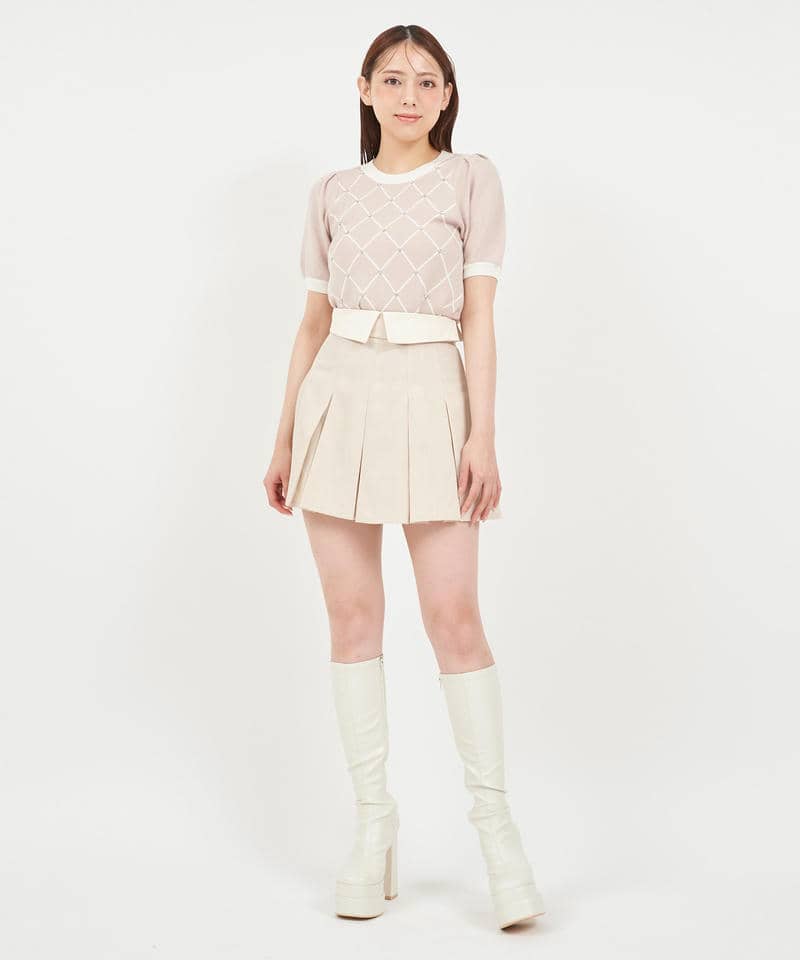 配色折り返しプリーツミニスカート 詳細画像 ベージュ 2