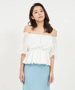 スパンコールレースオフショルトップス