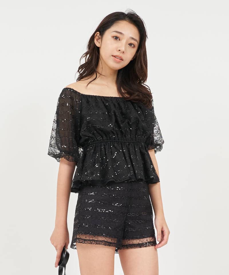 スパンコールレースオフショルトップス 詳細画像 ブラック 1
