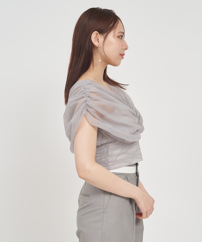 チュールギャザーブラウス 詳細画像 ブラック 3