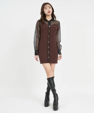 シアーシャツドッキング配色ニットタイトミニワンピース