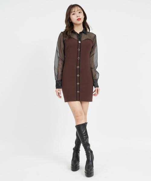 シアーシャツドッキング配色ニットタイトミニワンピース 詳細画像