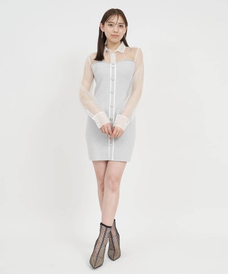 シアーシャツドッキング配色ニットタイトミニワンピース 詳細画像 ライトグレー 1