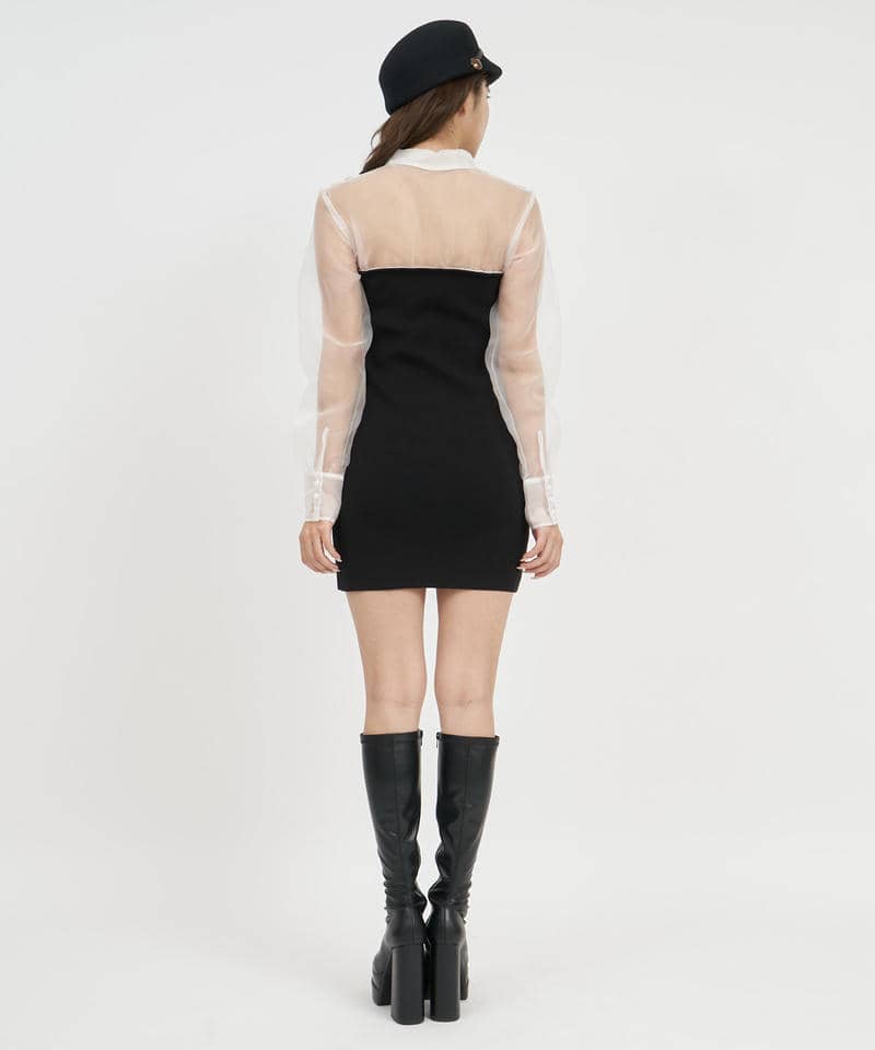 シアーシャツドッキング配色ニットタイトミニワンピース 詳細画像 ブラック 3