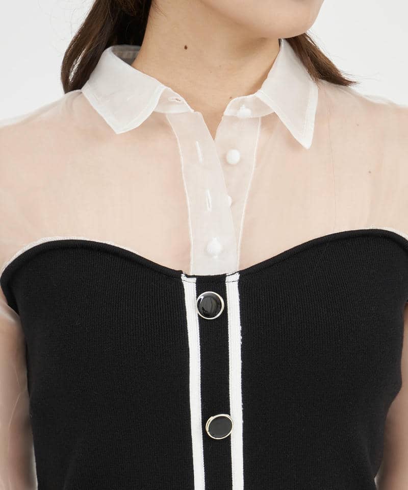 シアーシャツドッキング配色ニットタイトミニワンピース 詳細画像 ブラック 4