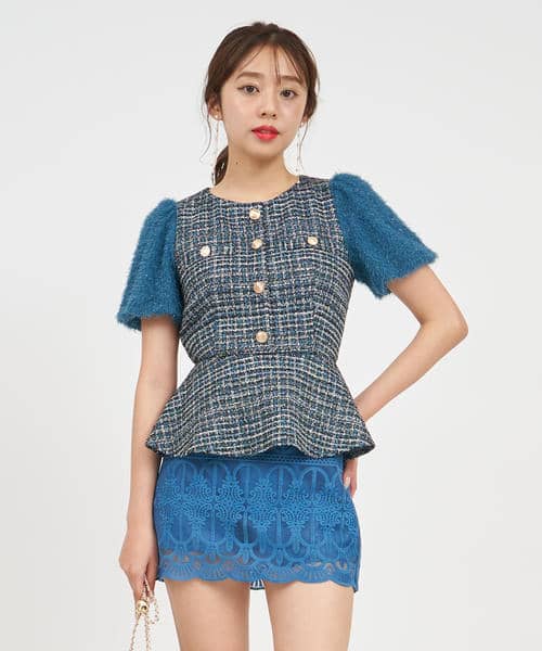異素材スリーブカットツイードペプラムトップス 詳細画像