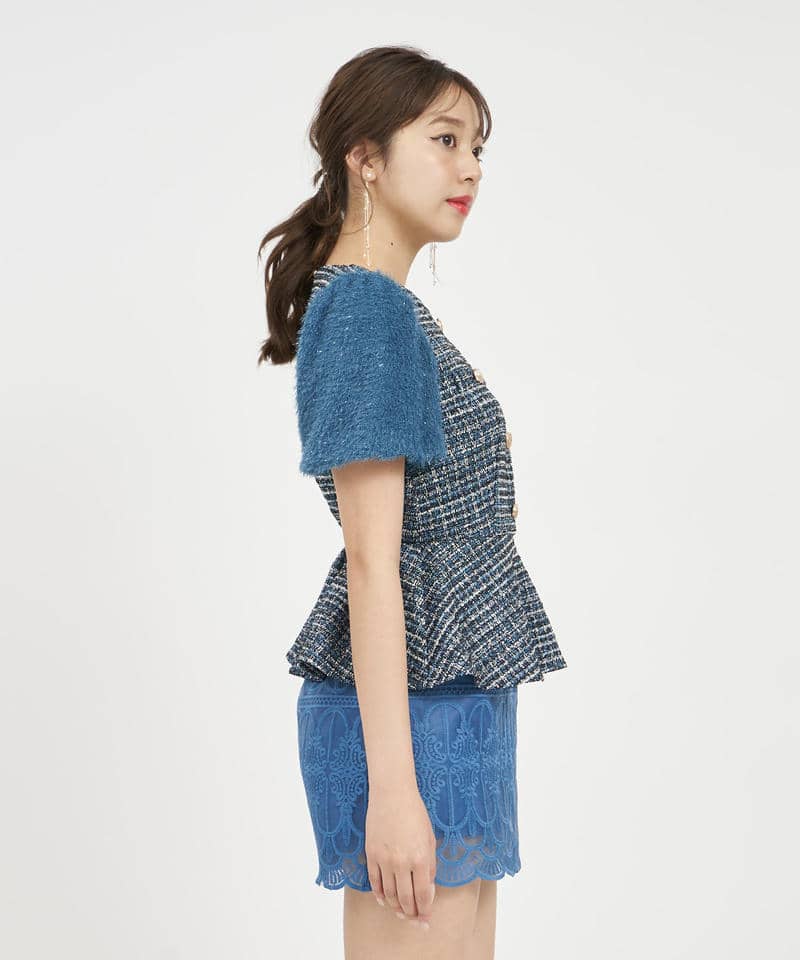 異素材スリーブカットツイードペプラムトップス 詳細画像 グリーン 2