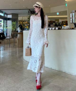 カラーレース編みワンピース