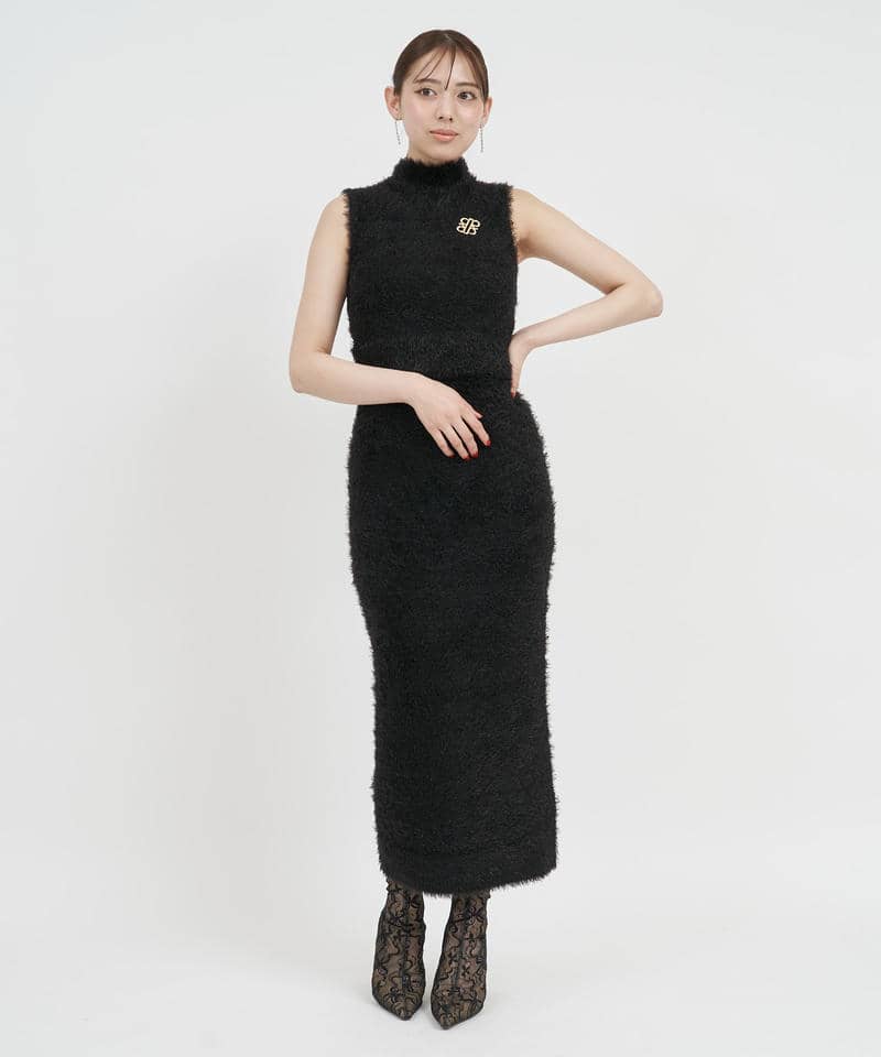 ブローチ付ノースリーブフィルムシャギーセットアップ 詳細画像 ブラック 1