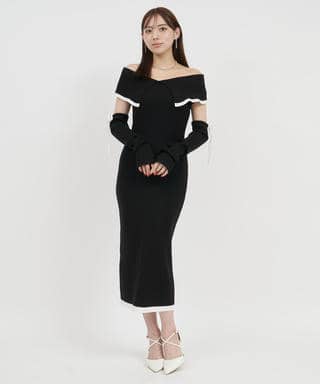 アームウォーマー付配色ケープタイトロングワンピース