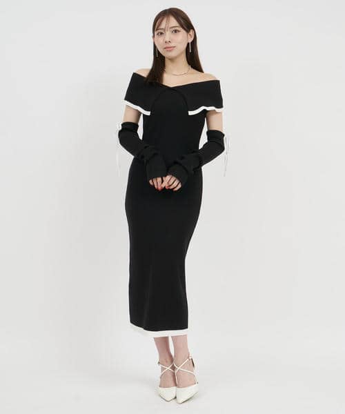 アームウォーマー付配色ケープタイトロングワンピース 詳細画像