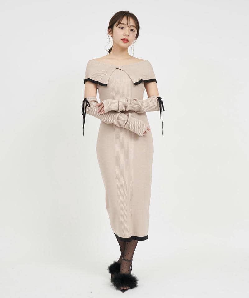 アームウォーマー付配色ケープタイトロングワンピース 詳細画像 ベージュ 1