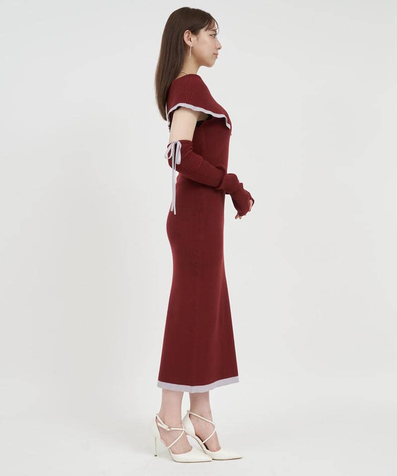アームウォーマー付配色ケープタイトロングワンピース 詳細画像 ボルドー 2