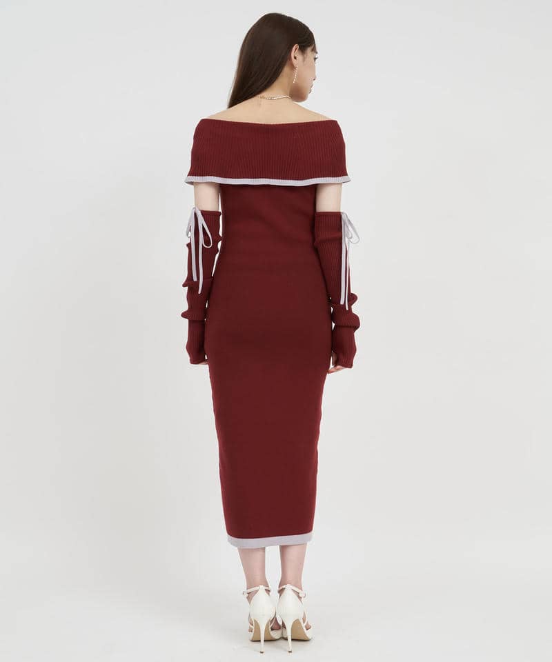 アームウォーマー付配色ケープタイトロングワンピース 詳細画像 ボルドー 3