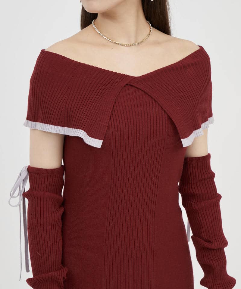 アームウォーマー付配色ケープタイトロングワンピース 詳細画像 ボルドー 4