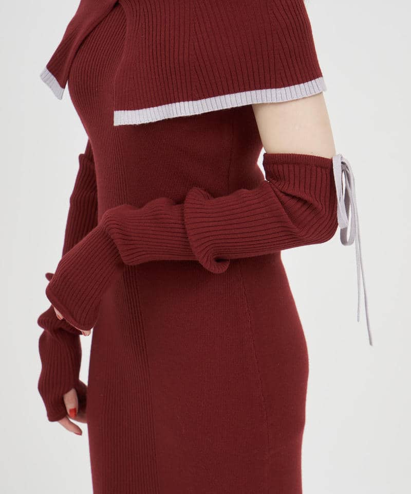アームウォーマー付配色ケープタイトロングワンピース 詳細画像 ボルドー 5