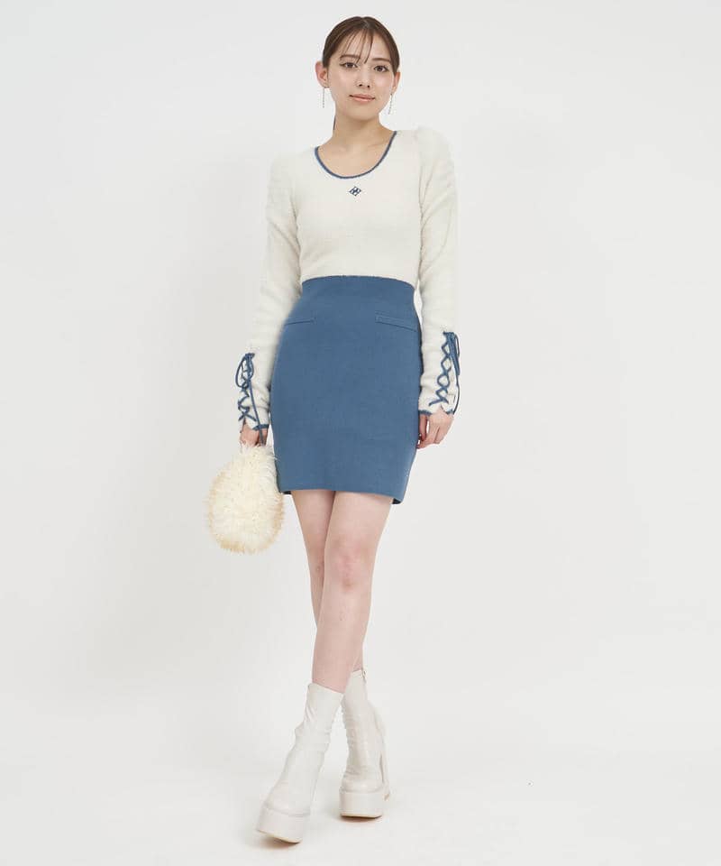 エンブレムロゴ刺繍配色シャギーニットタイトミニワンピース 詳細画像 グリーン 1