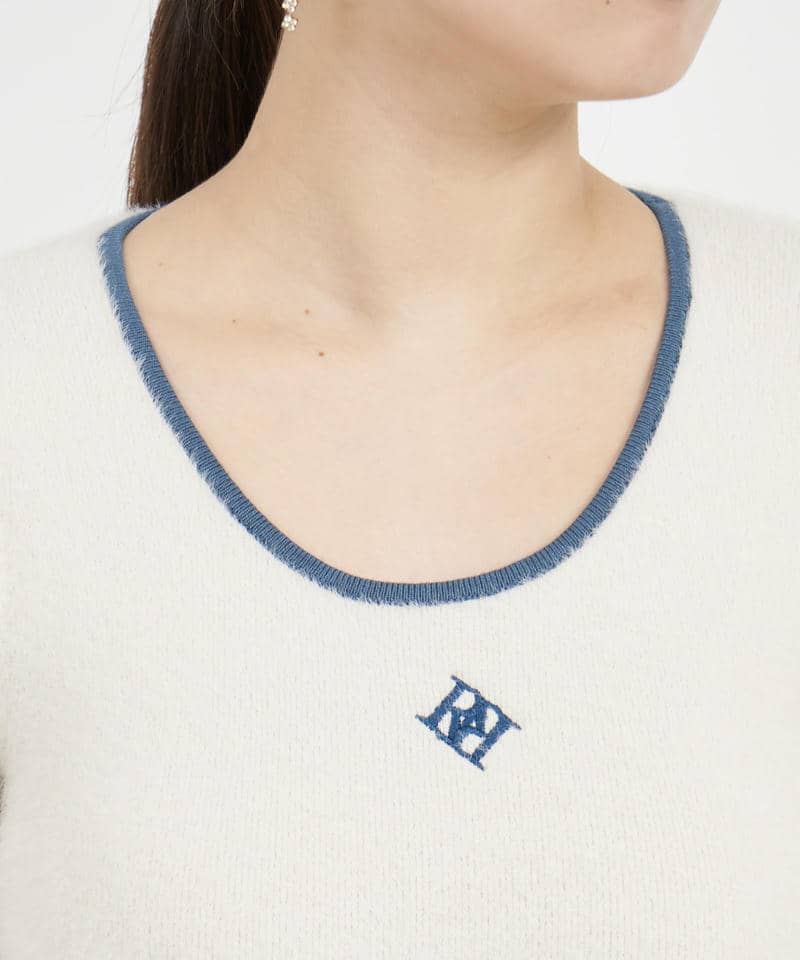 エンブレムロゴ刺繍配色シャギーニットタイトミニワンピース 詳細画像 グリーン 4