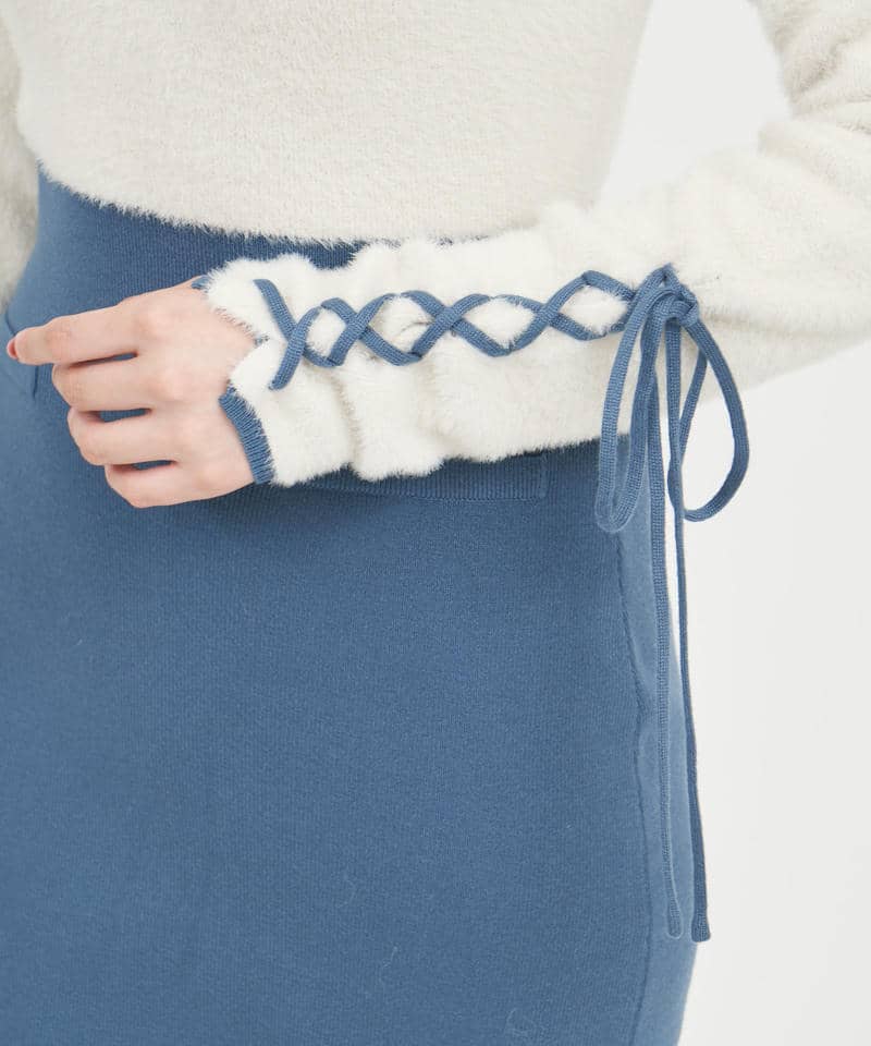 エンブレムロゴ刺繍配色シャギーニットタイトミニワンピース 詳細画像 グリーン 7