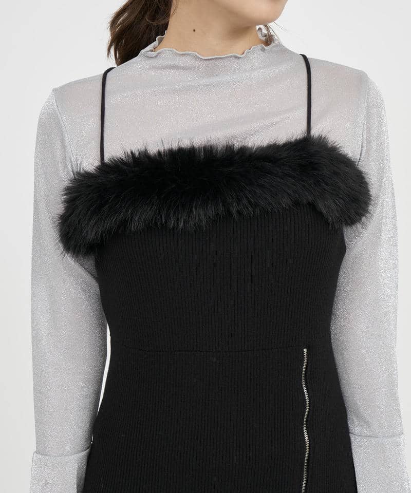 ファー付ZIPニットタイトキャミワンピース 詳細画像 ブラック 4