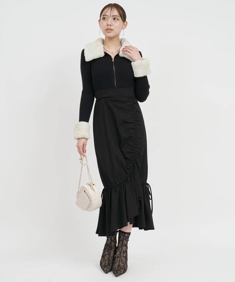 サスペンダー付ギャザーラッフルマーメイドスカート 詳細画像 ブラック 1