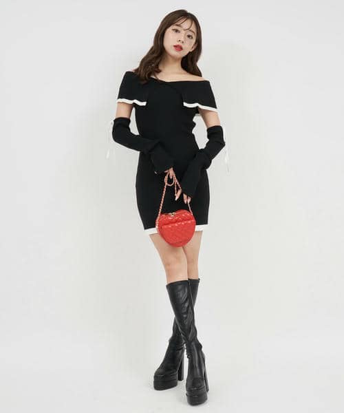 アームウォーマー付配色ケープタイトミニワンピース 詳細画像
