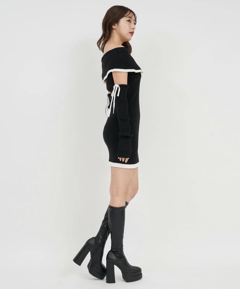 アームウォーマー付配色ケープタイトミニワンピース 詳細画像 ブラック 2