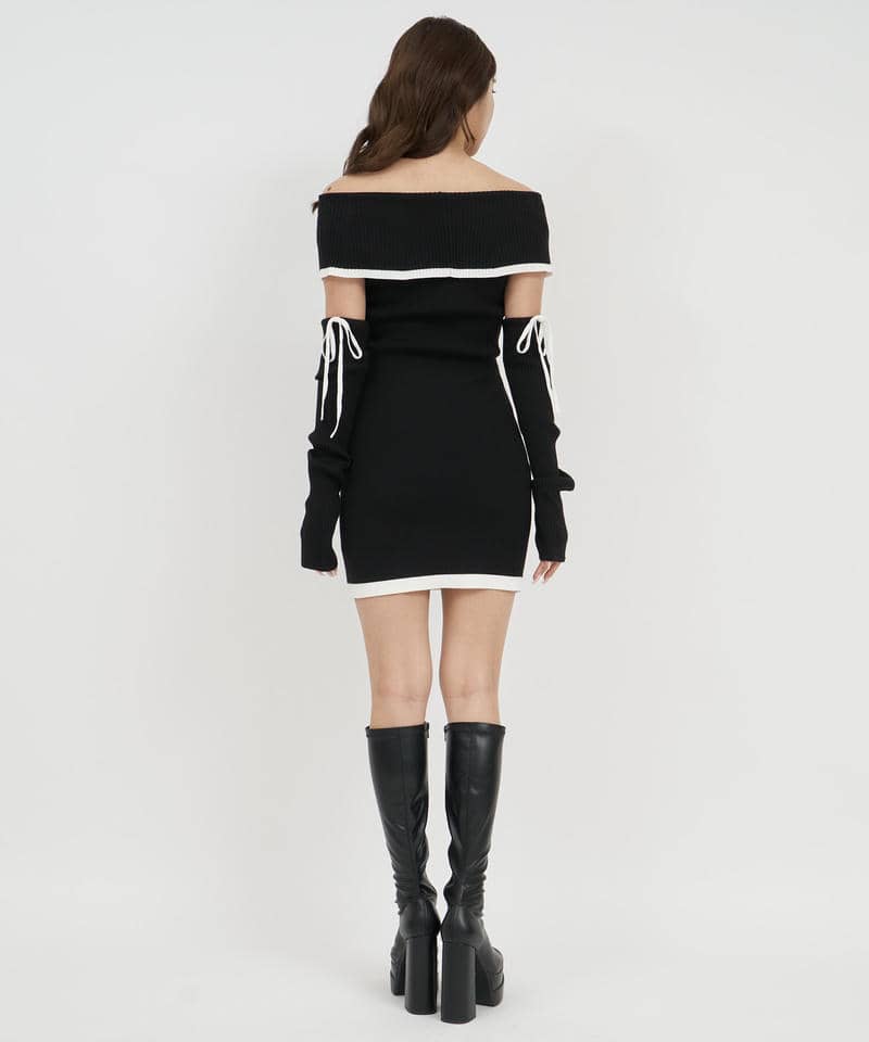 アームウォーマー付配色ケープタイトミニワンピース 詳細画像 ブラック 3