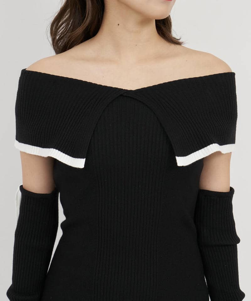 アームウォーマー付配色ケープタイトミニワンピース 詳細画像 ブラック 4