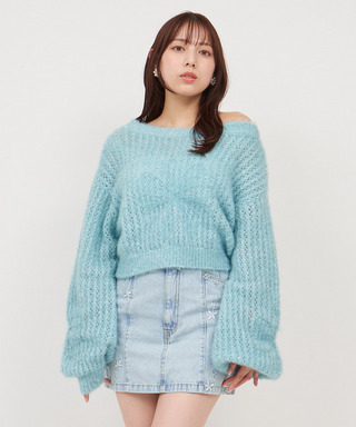 フラワー刺繍透かしニットトップス