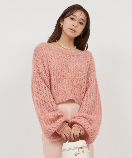 フラワー刺繍透かしニットトップス 詳細画像