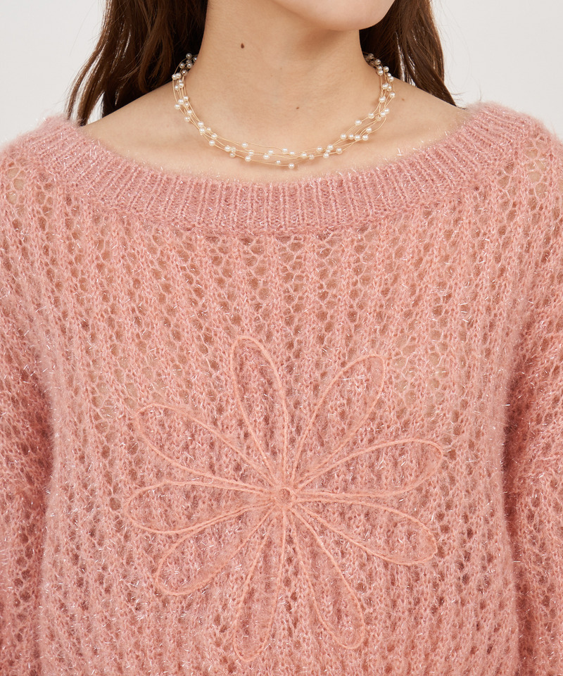フラワー刺繍透かしニットトップス 詳細画像 ピンク 4