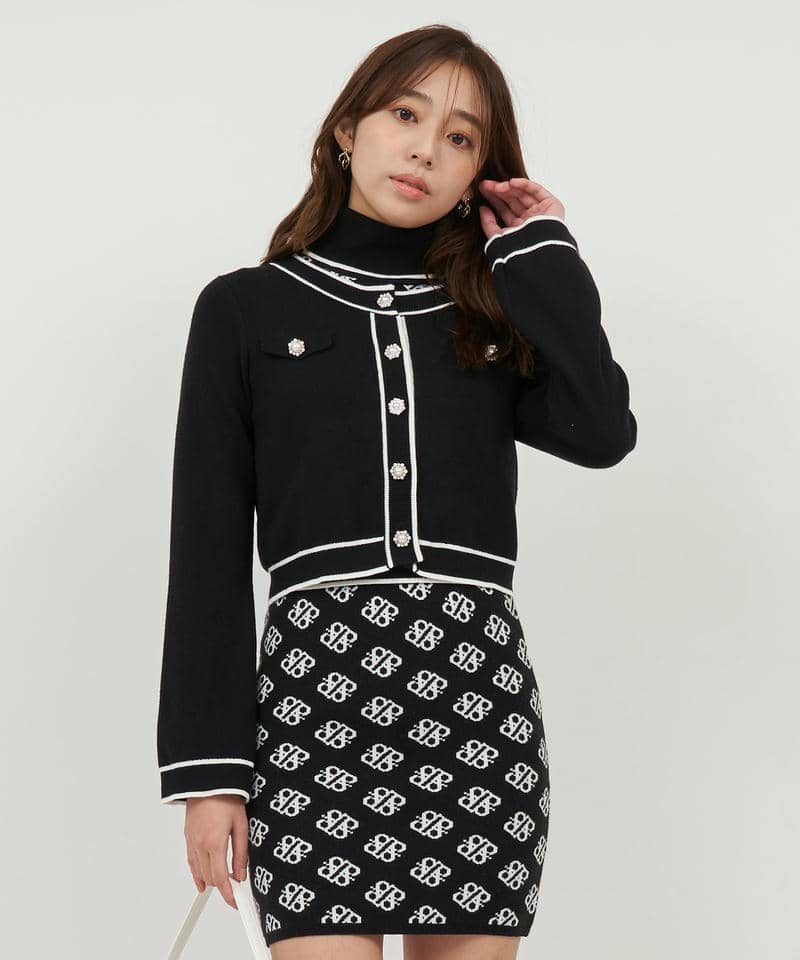 フレアスリーブ配色ニットカーディガン 詳細画像 ブラック 1