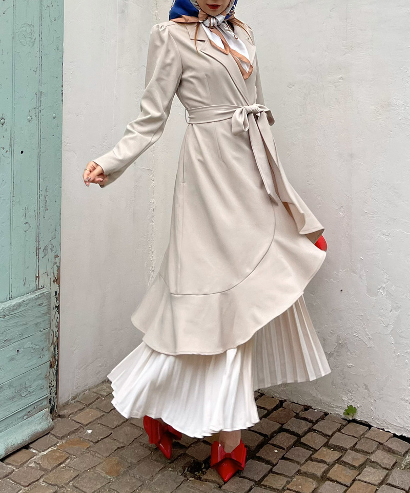 異素材プリーツラッフルロングコート 詳細画像 ベージュ 10