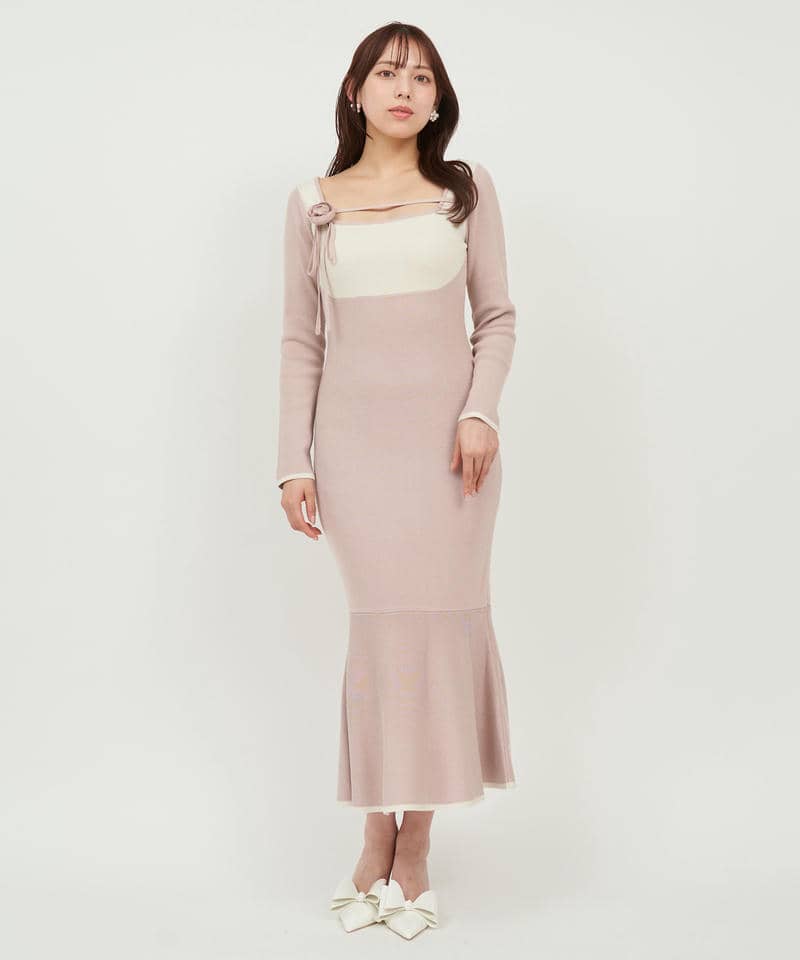 コサージュ付デコルテライン配色ニットマーメイドワンピース 詳細画像 ピンク 1