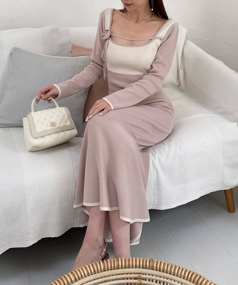 コサージュ付デコルテライン配色ニットマーメイドワンピース 詳細画像 ピンク 3