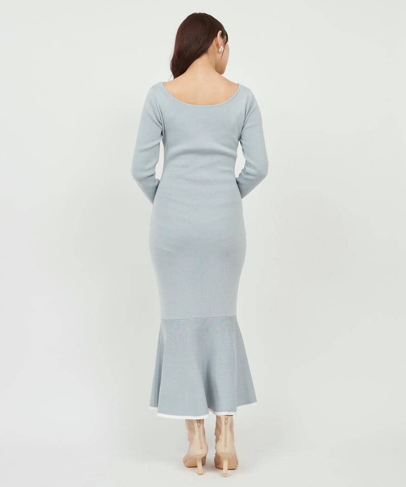 コサージュ付デコルテライン配色ニットマーメイドワンピース 詳細画像 ブルー 3