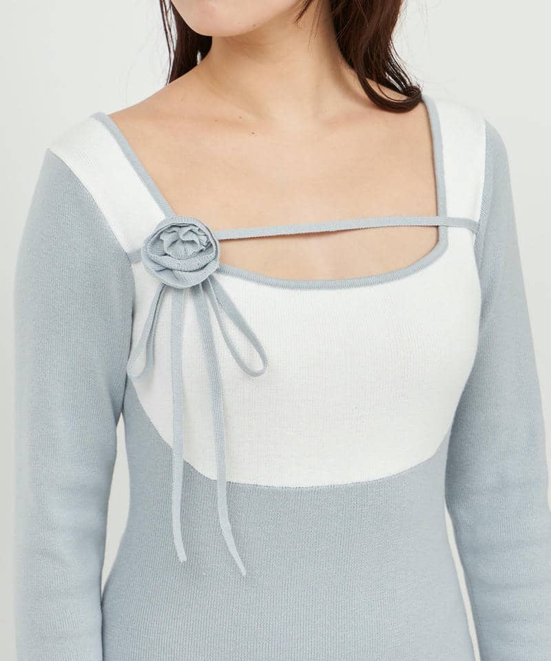 コサージュ付デコルテライン配色ニットマーメイドワンピース 詳細画像 ブルー 4