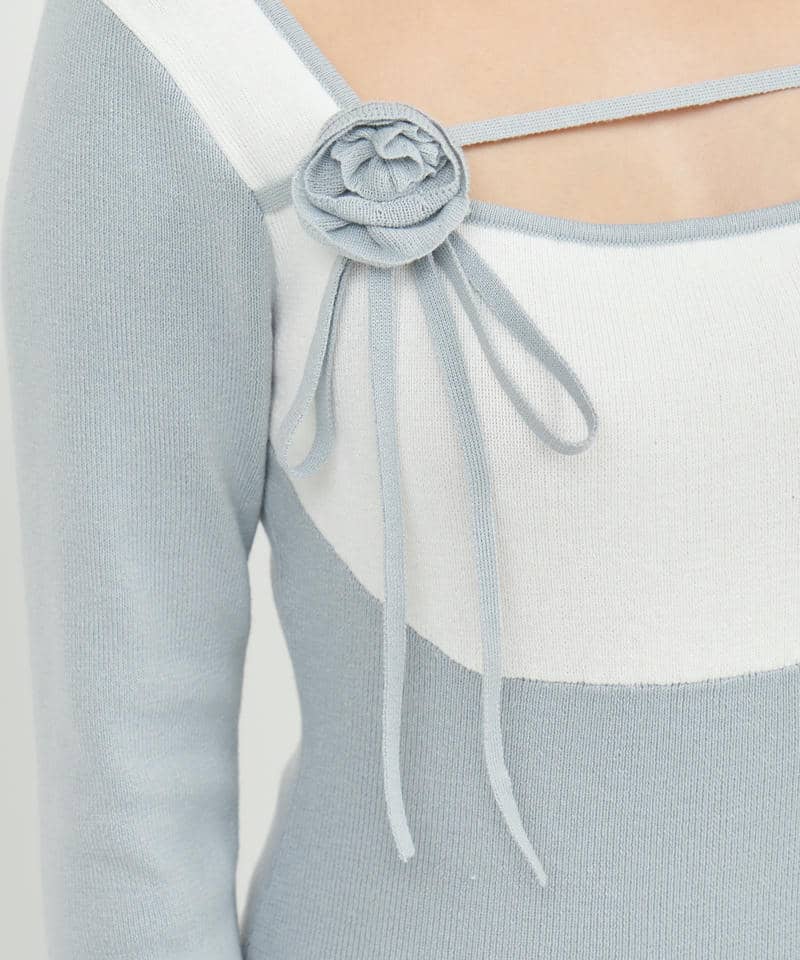 コサージュ付デコルテライン配色ニットマーメイドワンピース 詳細画像 ブルー 5