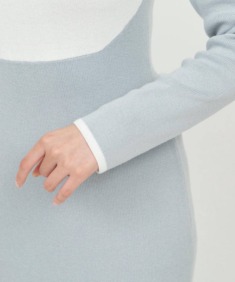 コサージュ付デコルテライン配色ニットマーメイドワンピース 詳細画像 ブルー 6